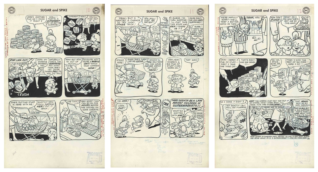 Sheldon Mayer Original Hand-Drawn ''Sugar and Spike'' Comic Book -- 15 Pages From the March 1958 Issue #14 -- Sugar and Spike Get a Visit From the Doctor!
